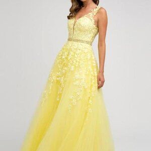 New Yellow Evening Formal Illusion V-Neck A-Line Shape Prom Maxi Dress JT224